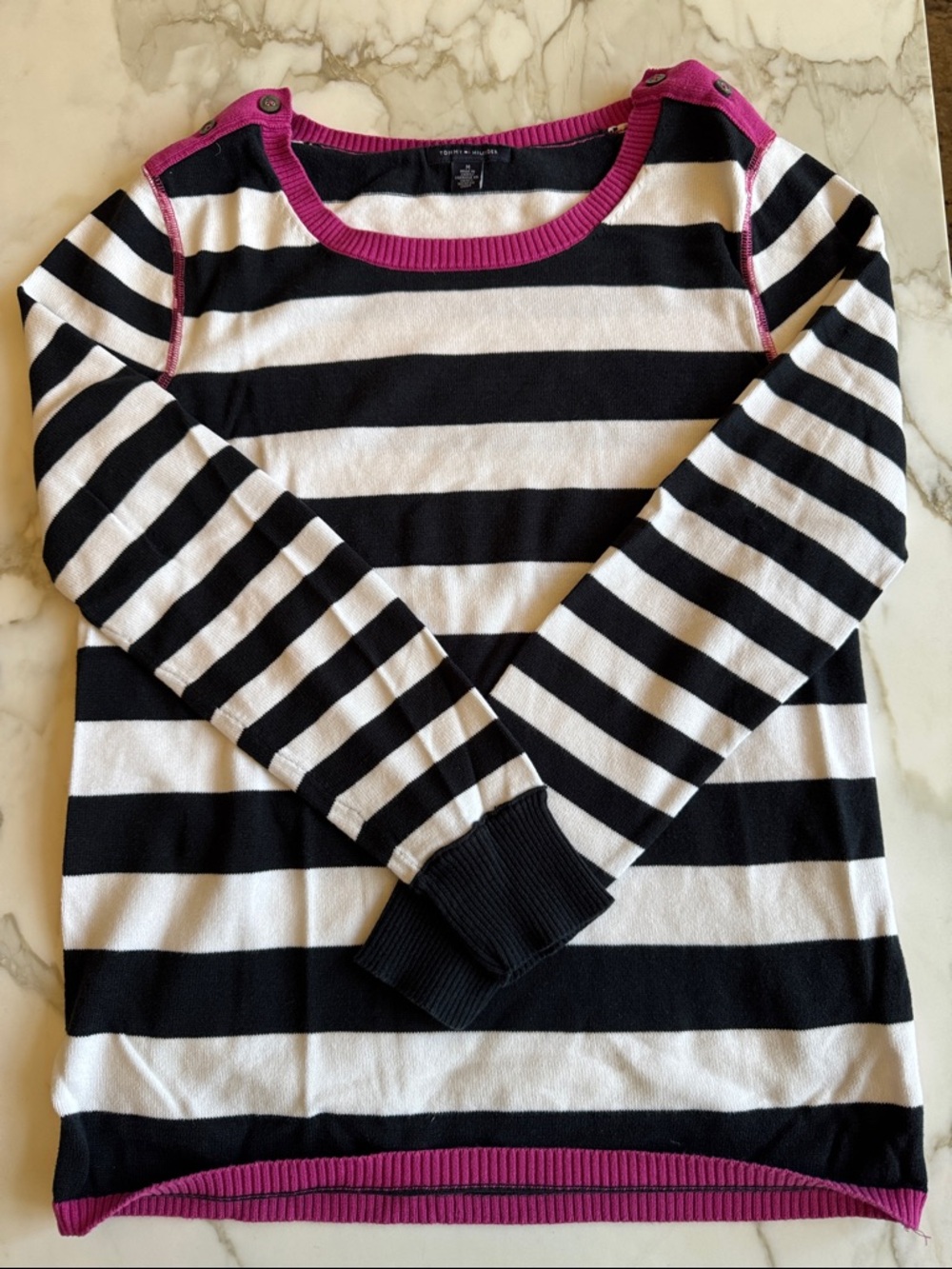 Tommy Hilfiger Black & White Stripe Long-Sleeve Top with Pink Trim
